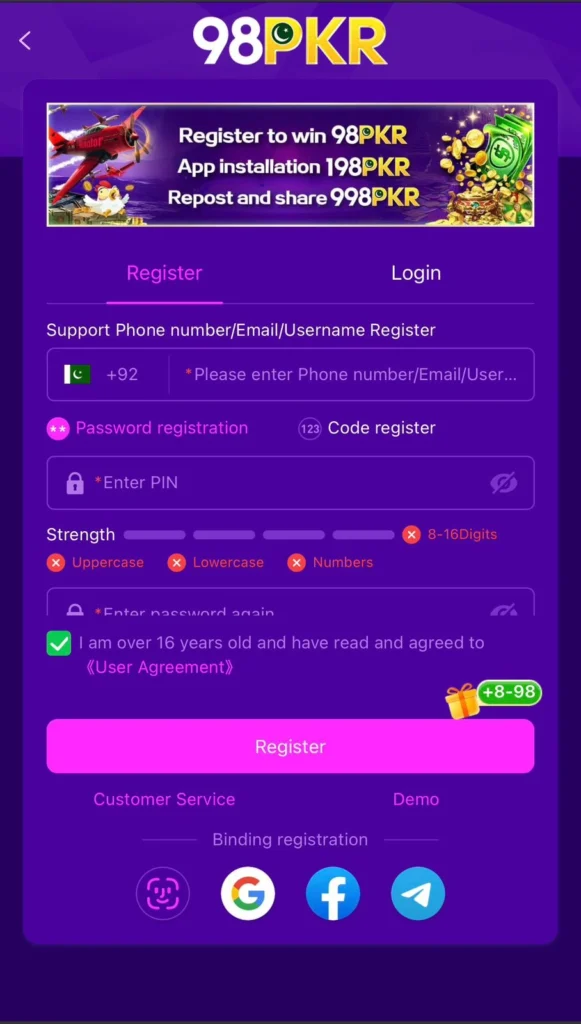 98PKR Game login page