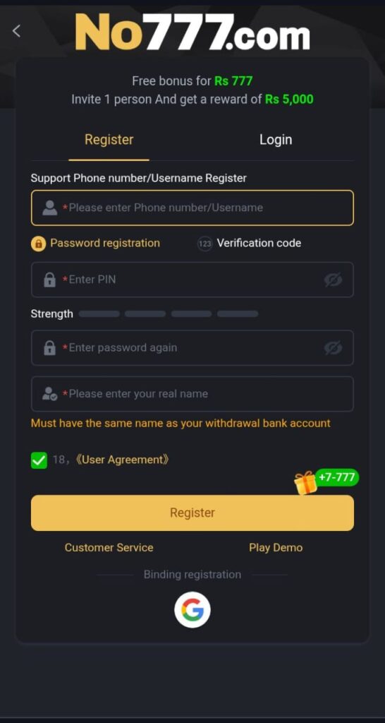 NO777 Game Registeration