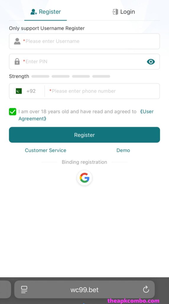 WC99 Game regiter and login