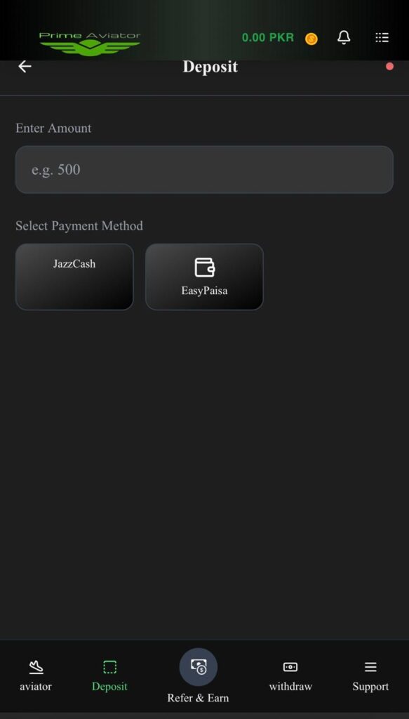 Prime Aviator Game deposit