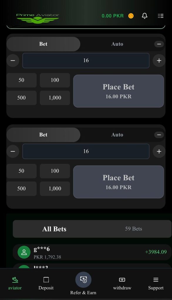 Prime Aviator interface screenshot
